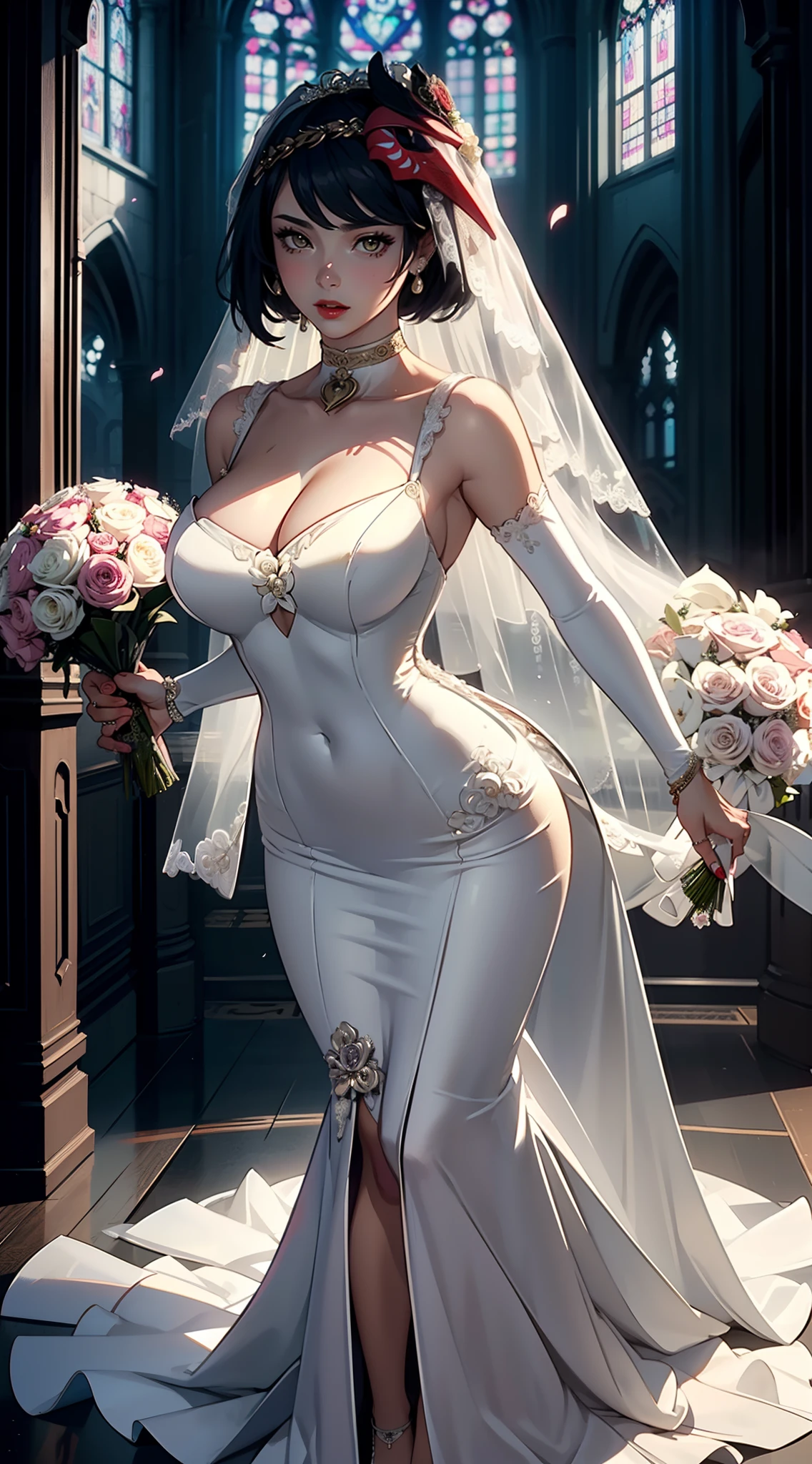 Masterpiece,(ultra detail), (detail face),(sexy wedding dress:1.5), (holding bouquet), large breast, dynamic pose, beautiful, red lip,(standing in front of the church) , dynamic angle, armpit, (full body),kujousaradef,kujousararnd
