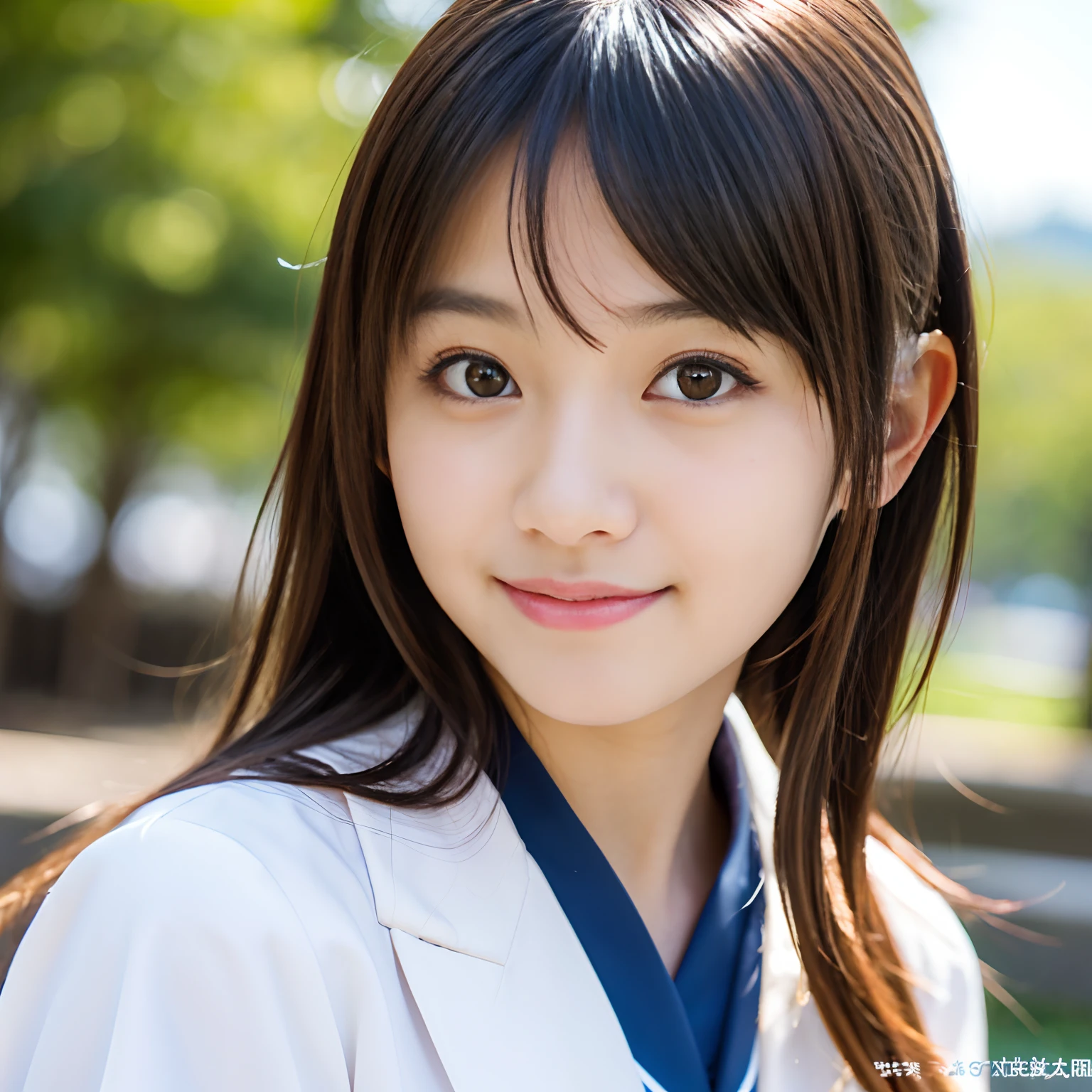 (Best-Quality, Masterpiece, Ultra-High-Resolution, (Photorealistic:1.4), Raw-Photo, Hyper-Detailed), 1girl, 15-years-old, Japanese famous idol, wearing Japanese high school uniform, portrait, innocent smile, strong lighting for face, extremely cute face like a the most popular Japanese idol, amazingly beautiful big black eyes, beautiful black hair, very beautiful white skins, very beautiful medium breasts, detailed face, detailed eyes, detailed hair, detailed white skins, detailed Japanese high school uniform, detailed breasts
