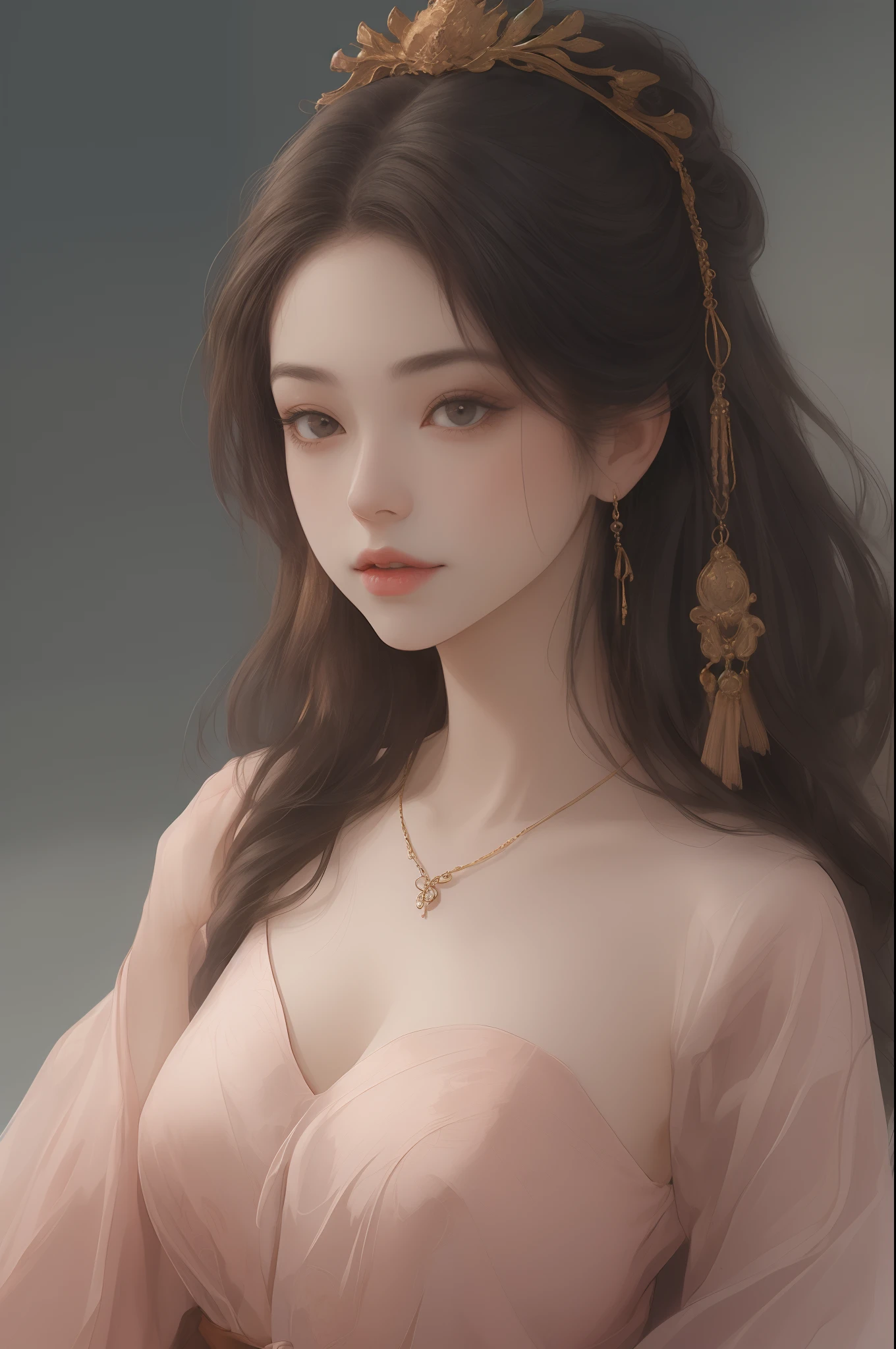 (best quality, masterpiece, highres, 1girl, porcelain dress, exquisite hair accessories, beautiful necklace, delicate jewelry, beautiful face, fine details on the body, Tindall effect, realistic, shadow studio, rim lighting, two-tone lighting, (highly detailed skin:1.2), 8k UHD, DSLR, soft light, high quality, volumetric lighting, candid, photo, high resolution, 4k, 8k, blurred background)