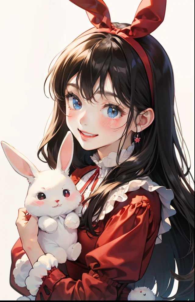 girl with、Background white、without background、A dark-haired、The long-haired、with blush cheeks、、frilld、bow ribbon、Smiling、Red dress、Have a cute stuffed rabbit、kawaii、without background