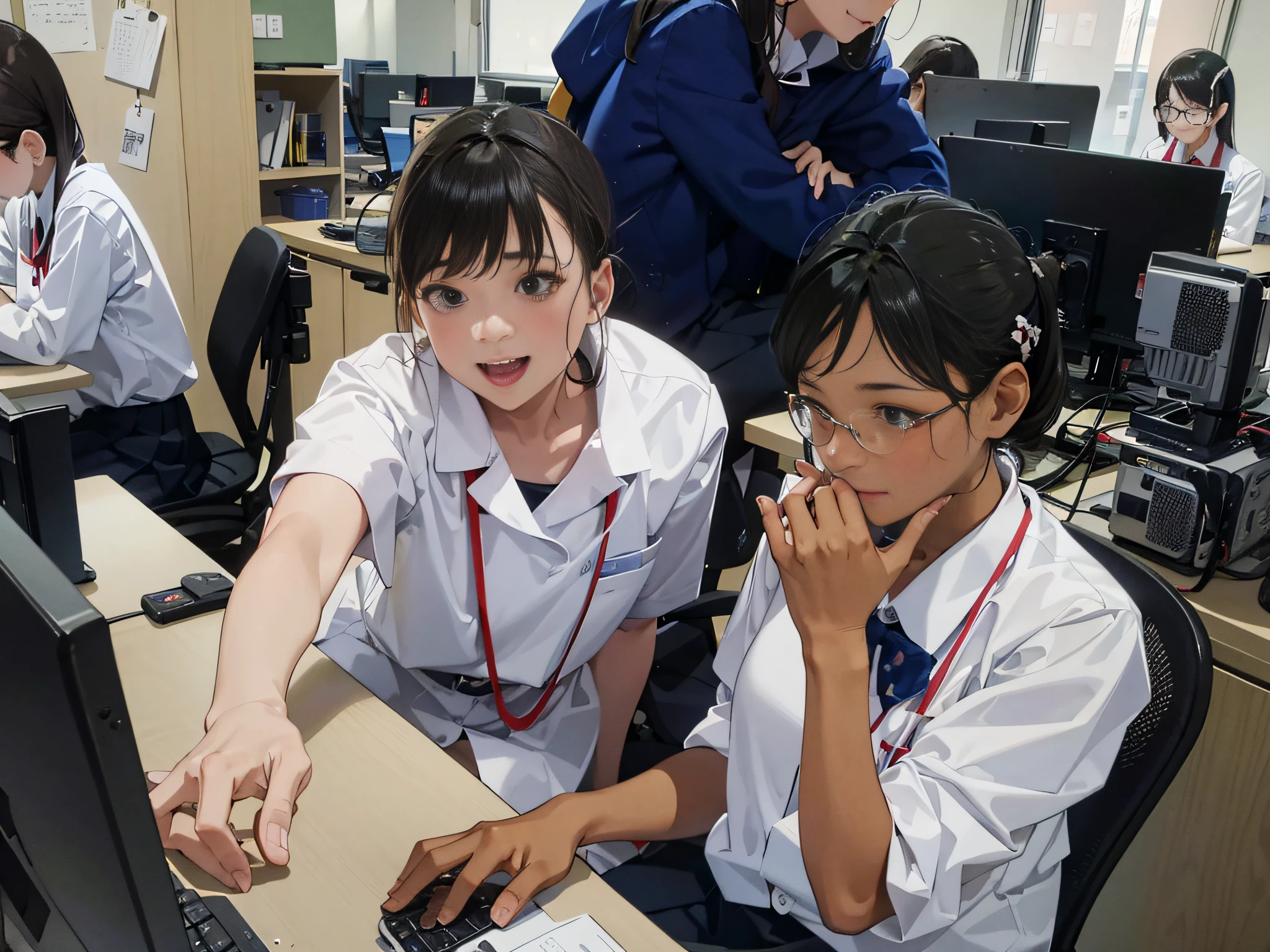 There are two high school girls sitting at a computer desk, Japan Classroom, University, Pupils, livestream, illustratio, On the right wears glasses, Switches, Teaching, Smile, White uniform, scientist, White uniform, A dark-haired, japanese high school