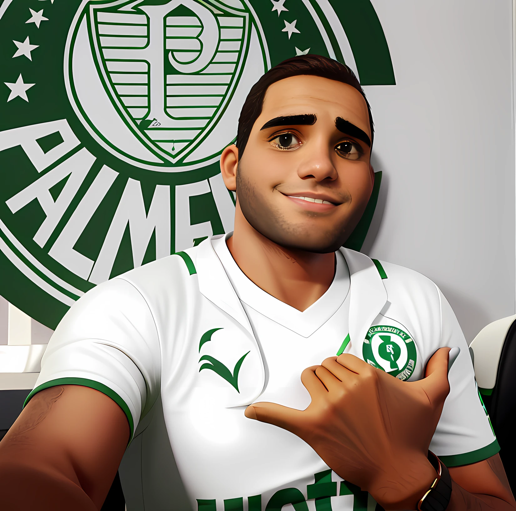 Brunette Brazilian man with white Palmeiras football shirt with Palmeiras symbol in the background