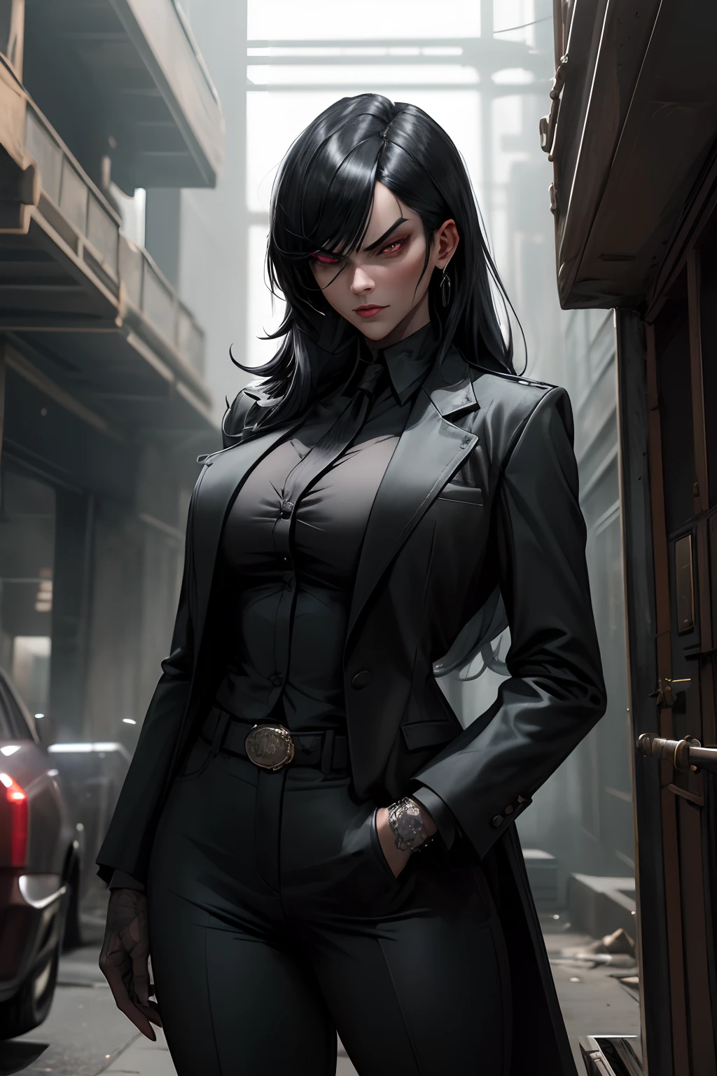 A woman in a black suit and gloves standing in a city - SeaArt AI