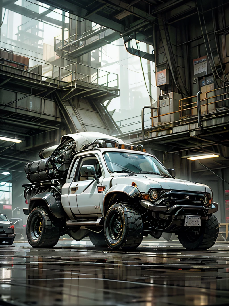 ((masterpiece、top-quality、realisitic、ultra-detailliert、hight resolution、Photorealsitic、foco nítido、photographrealistic、Raw photography、lighting like a movie))、High brightness、Noon Wilderness、((Futuristic Cyberpunk Pickup Truck))、Equipped with drums、High vehicle height、(With glowing tires)、Red rust-colored car body、3/4Front view
