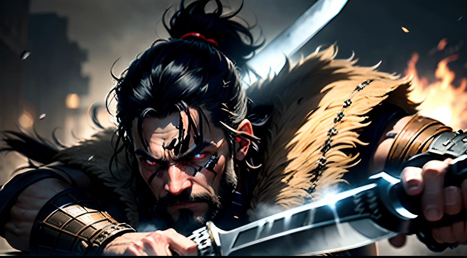 (best quality, masterpiece:1.2), ultra-detailed, detailed face, realistic, simple background, FRED barbarian man with black hair, messy hair, slight beard, samurai armor, ferocious expression, strong build, intense gaze, strong visual impact, dramatic lighting, psychological thriller, movie scene, dark background, sharp (sword|battle axe|knife), beads of sweat on the protagonist's forehead, veins bulging on his neck, trembling hands, intense emotions, anger reflected in the eyes, deep shadows and highlights, cinematic composition, blurred background to create depth, anxiety-inducing atmosphere, adrenaline rush, cold sweat, portrait of a man in the middle of a battlefield, looking away from the viewer while chasing his enemies. running, dynamic pose