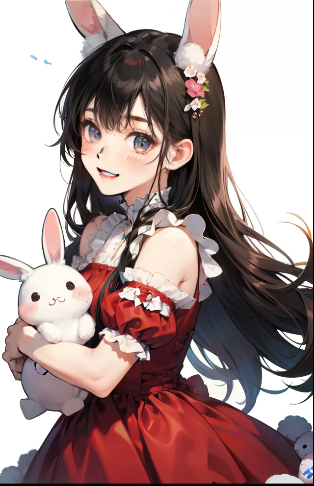 girl with、Background white、without background、A dark-haired、The long-haired、with blush cheeks、、frilld、Smiling、Red dress、Have a cute stuffed rabbit、kawaii、without background