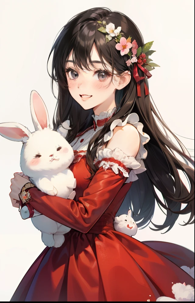 girl with、Background white、without background、A dark-haired、The long-haired、with blush cheeks、、frilld、Smiling、Red dress、Have a cute stuffed rabbit、kawaii、without background