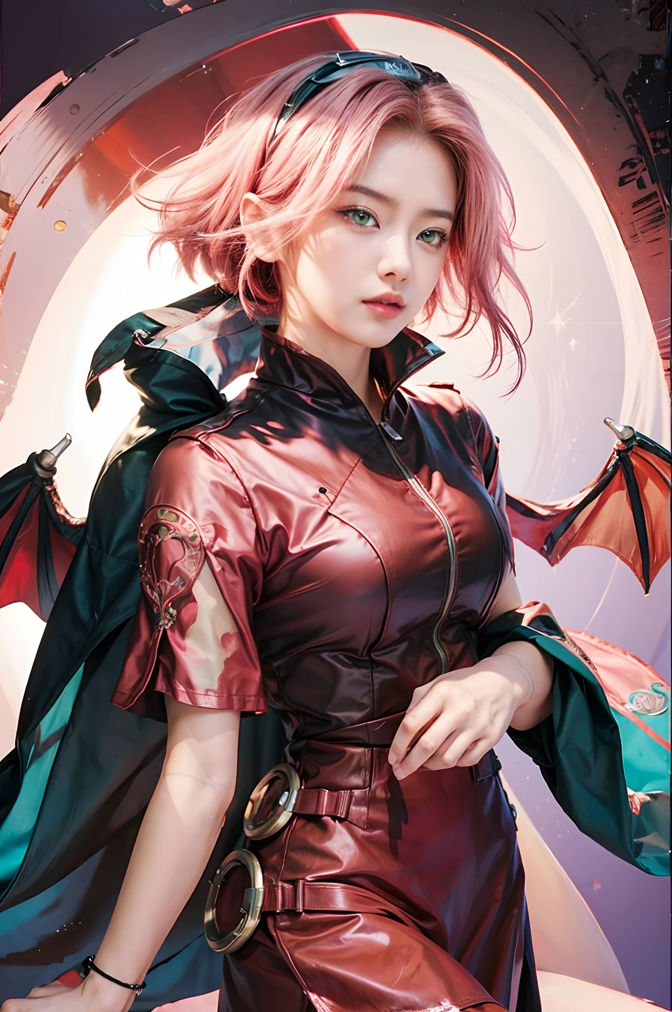 Real life adaption of this character, Asian beauty face, Shining green eyes,realistic long straight pink hair , realistic outfit, realistic shadow, realistic light, realism, hyper realistic, realistic background,(photorealistic:1.2)