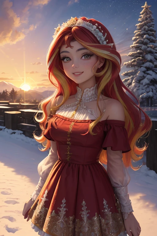 (Obra maestra, La mejor calidad:1.2), solamente, 1girl, mlpshimmer, linda sonrisa , maquillaje lindo, Mirando al espectador , Disfraz de Navidad, hermoso vestido rojo , abrigo elegante , parque nevado , hermoso atardecer