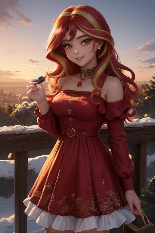 (Obra maestra, La mejor calidad:1.2), solamente, 1girl, mlpshimmer, linda sonrisa , maquillaje lindo, Mirando al espectador , Disfraz de Navidad, hermoso vestido rojo ,  abrigo elegante , parque nevado , hermoso atardecer