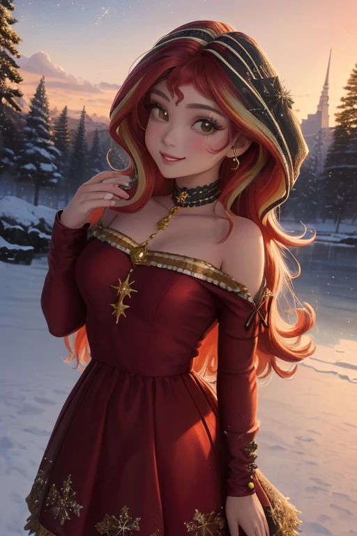 (Obra maestra, La mejor calidad:1.2), solamente, 1girl, mlpshimmer, linda sonrisa , maquillaje lindo, Mirando al espectador , Disfraz de Navidad, hermoso vestido rojo , abrigo elegante , parque nevado , hermoso atardecer