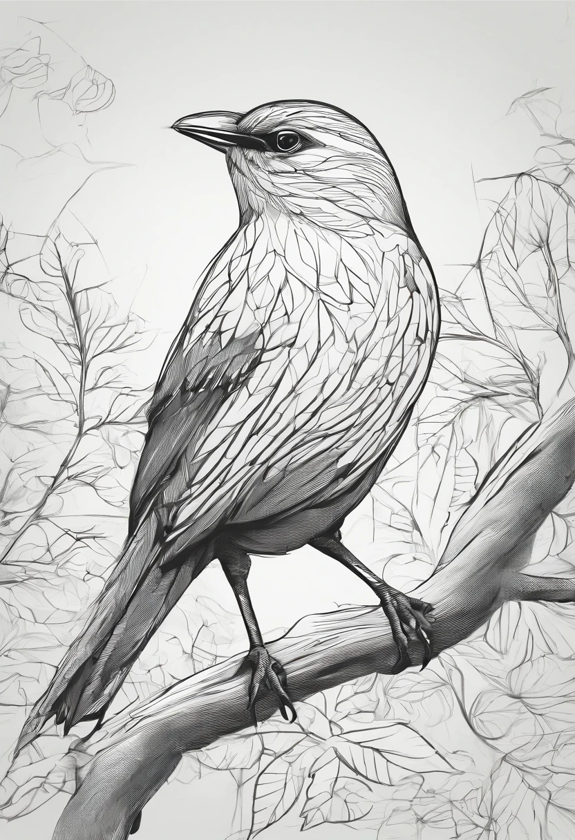 bird in the forest, realistic, line art, 3D stly, high quality, no shading.