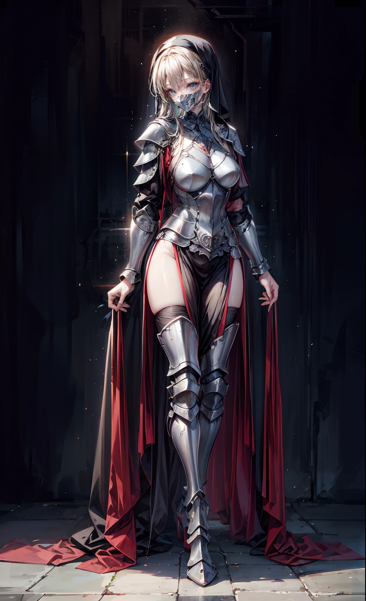 Nun in the Iron Mask+，Long flowing blonde hair,（Wear an iron mask：2.0）and armor，Wearing an iron mask and armor，Metal heels，Long face，Long face，Long face shape