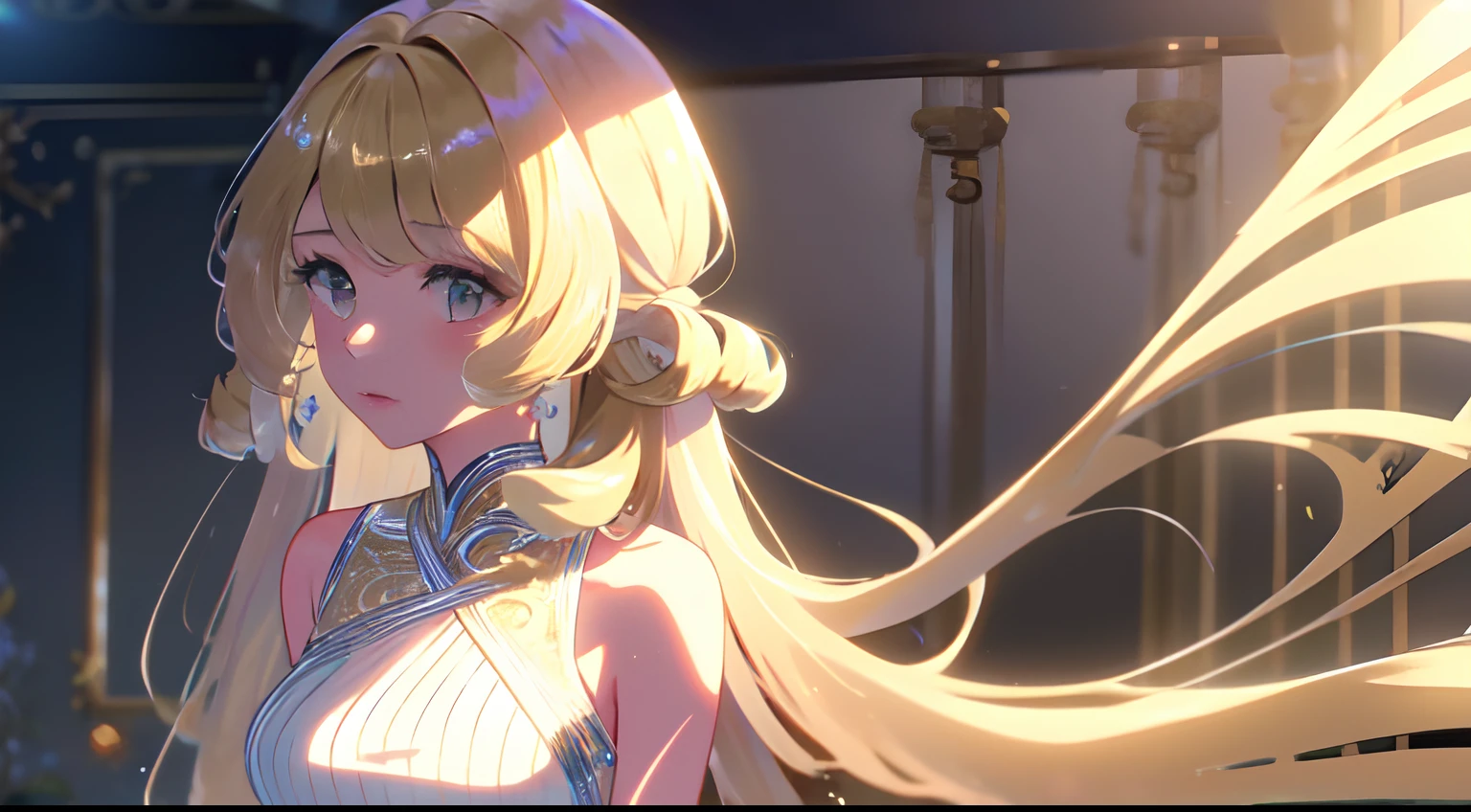 1 girl, solo, pretty, Light blonde hair, wearing evening gown, curly hair, long hair, seductive, attractive