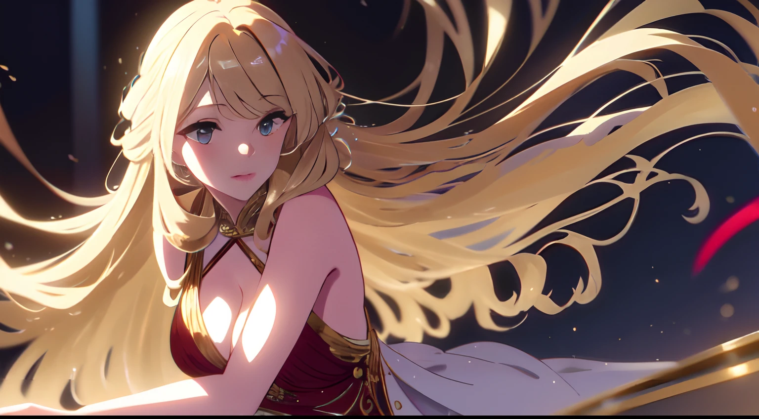 1 girl, solo, pretty, Light blonde hair, wearing evening gown, curly hair, long hair, seductive, attractive