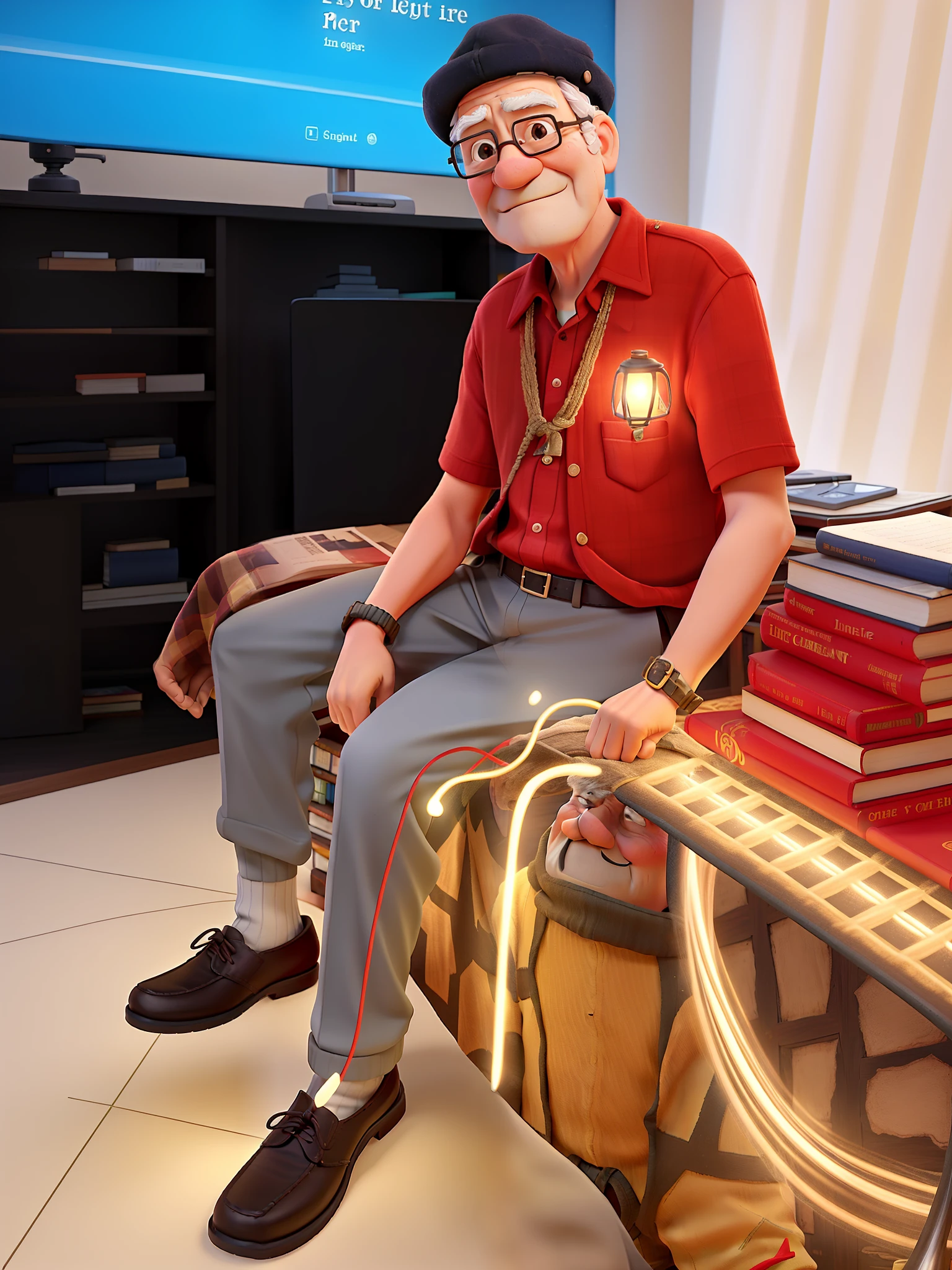 A wise old man standing in front, illuminated by the light of a lamp, against the backdrop of a library