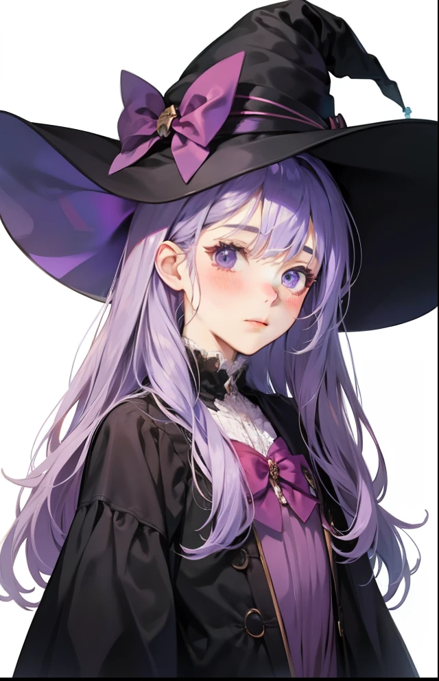 girl with、Background white、without background、Purple hair、The long-haired、with blush cheeks、Embarrassing、the witch、magia、Black pointy hat、frilld、bow ribbon、kawaii、without background