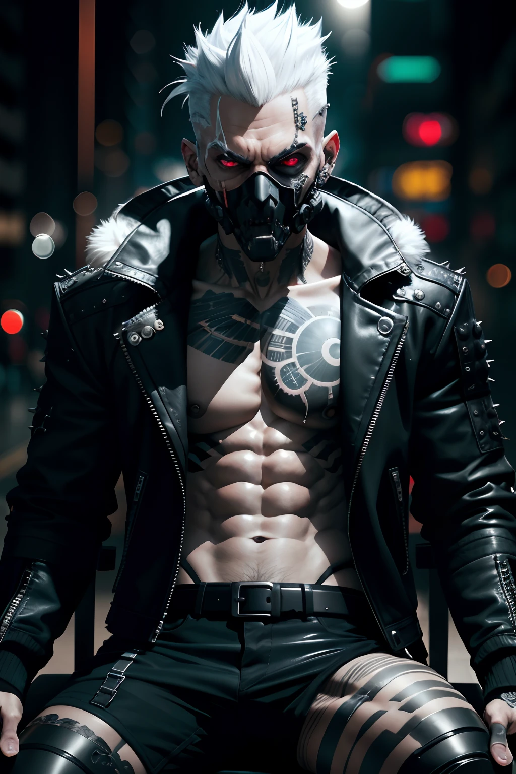 "(punk jacket:1) dark theme :: closeup face focus, ultra realistic futuristic cyberpunk muscular male white hair sitting on throne :: cyberpunk face (intricate black skull face:1) :: cool cybernetic punk jacket red neon eyes :: shirtless::  mechanical intricate mask :: natural lighting :: bokeh :: 8k :: best quality :: masterpiece "