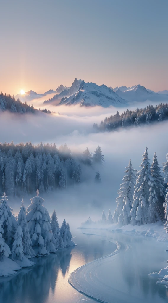 (Best quality,4K,8K,A high resolution,Masterpiece:1.2),Ultra-detailed,(Realistic,Photorealistic,photo-realistic:1.37),Snow-capped Siberian landscape,foggy atmosphere,Winter wonderland,an enchanted forest,Gorgeous icy pattern,Mesmerizing frost pine trees,Dreamlike scenery,Majestic snow-capped mountains,serenequietude,Ethereal beauty,Colorful sunlight pierces the mist,magical ambiance,eerie silence,Intricate ice formations,Delicate frost crystals,Subtle shades of blue and white,Pure and pristine wilderness,Secrets hidden in the fog,Quiet and peaceful scene,Nature's whisper,Life awakens in the frozen landscape