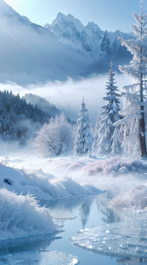 (Best quality,4K,8K,A high resolution,Masterpiece:1.2),Ultra-detailed,(Realistic,Photorealistic,photo-realistic:1.37),Snow-capped Siberian landscape,foggy atmosphere,Winter wonderland,an enchanted forest,Gorgeous icy pattern,Mesmerizing frost pine trees,Dreamlike scenery,Majestic snow-capped mountains,serenequietude,Ethereal beauty,Colorful sunlight pierces the mist,magical ambiance,eerie silence,Intricate ice formations,Delicate frost crystals,Subtle shades of blue and white,Pure and pristine wilderness,Secrets hidden in the fog,Quiet and peaceful scene,Nature's whisper,Life awakens in the frozen landscape