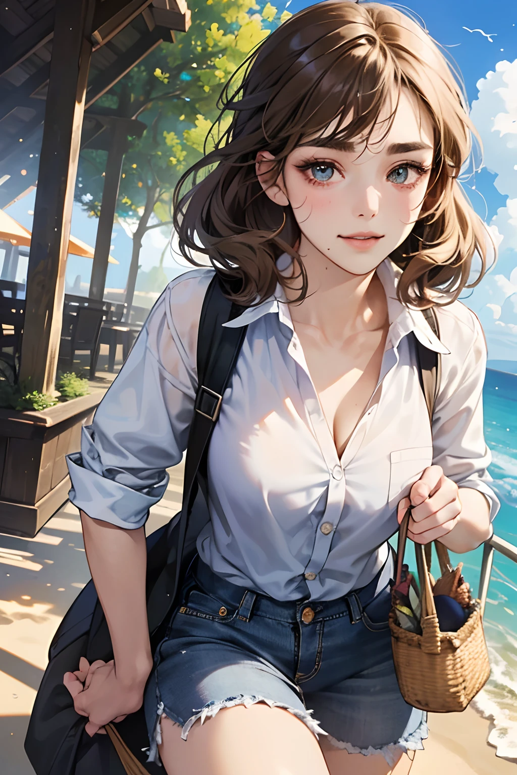(masutepiece, Digital Art, Digital Illustration, 4K, 8K, Ultra-detailed, beautiful image, Sharp Image, Photorealistic, Raw photo, Perfect face, Perfect lines, Perfect eyes, Soft lighting) 1 woman, (lightbrown hair,Chignon hair in a high position,Innocent look,drooping eyebrows,drooing eyes,with round face,Innocence,cute little,big eye,natural make up,kindly smile,Colossal tits,23 y-o woman:1.3),Two handsome men in suits, (ember,Men in suits,well-muscled,Firm shoulder width,Adult male,Boyish hairstyle,Man in his 30s with a cool expression,28-year-old man with bright smile:1.2),Enoshima Coast,mare,blue open sky,white clouds,sand beach,Denim skirt,Lace White Shirt,Rough knit,(Nervous,be shy,sleepy,embarrassed from:1.1),Open your thin mouth,Standing picture,floral arrangements,innocent smiles,Looking at the camera,Dating,(compact,Bolides,Light blue lapin),picnic,Basket of wicker full of sandwiches,