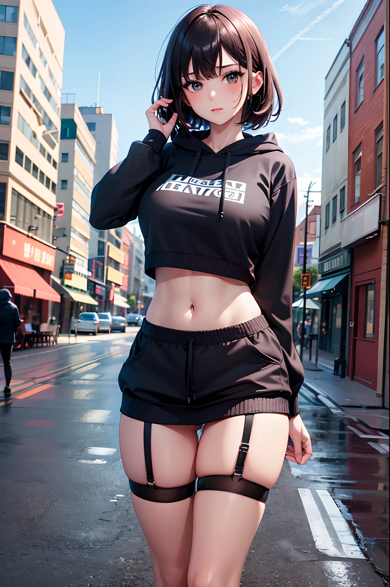 1girl, absurdres, high res, extremely detailed ultrasharp, 8K, masterpiece, city background, looking at viewer, human, thighs, breasts, big breasts, hoodie, hood, panties, garter straps, sweatpants
