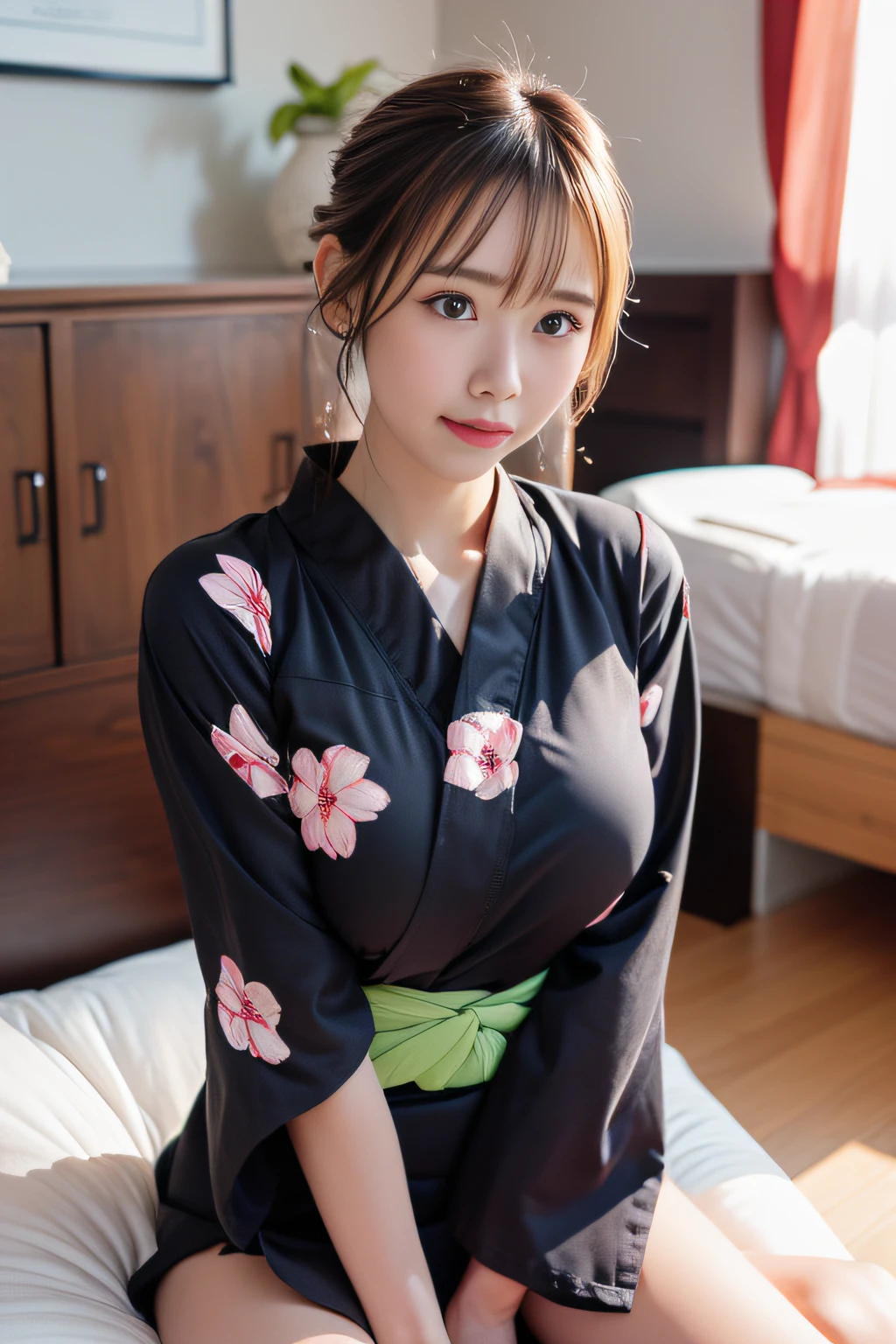 Top quality, fine details, ((beautiful one girl))), very detailed eyes and face, yukata, large tear bags, double eyelids, cheeks, sweat, embarrassment, lying on the bed, sitting sideways, fluffy chest, clean legs