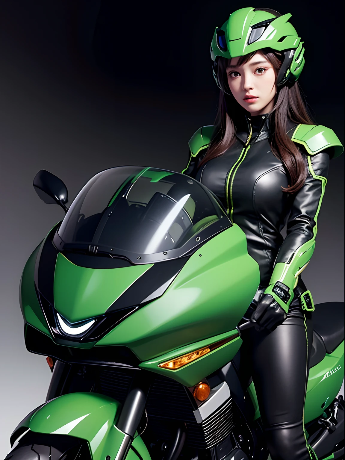 Highest image quality, outstanding details, ultra-high resolution, (realism: 1.4), the best illustration, favor details, highly condensed 1girl, with a delicate and beautiful face, dressed in a black and green mecha, wearing a mecha helmet, holding a directional controller, riding on a motorcycle, the background is a high-tech lighting scene of the future city.