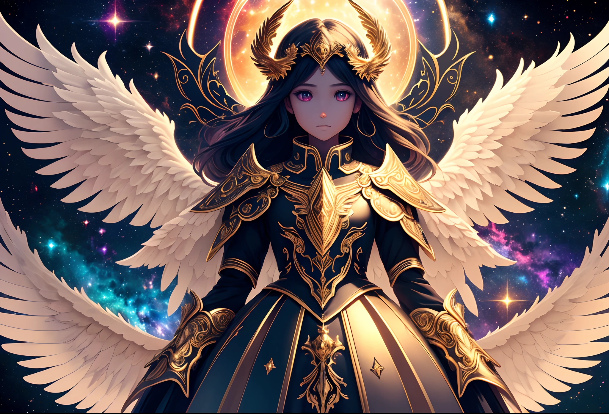 Ultra high quality, 8k, ultra detailed, high definition, floating Angel with six wings, four angelic wings and two demonic wings,  no gender, has the appearance of both female and male, detailed face, eyes that twinkles like a galaxy, dark seraphim, halo on angel's head, ultra detailed angelic armour with demonic features,  standing between good and evil, space, beautiful cosmos, rainbow nebula, golden aura with a tint of darkness