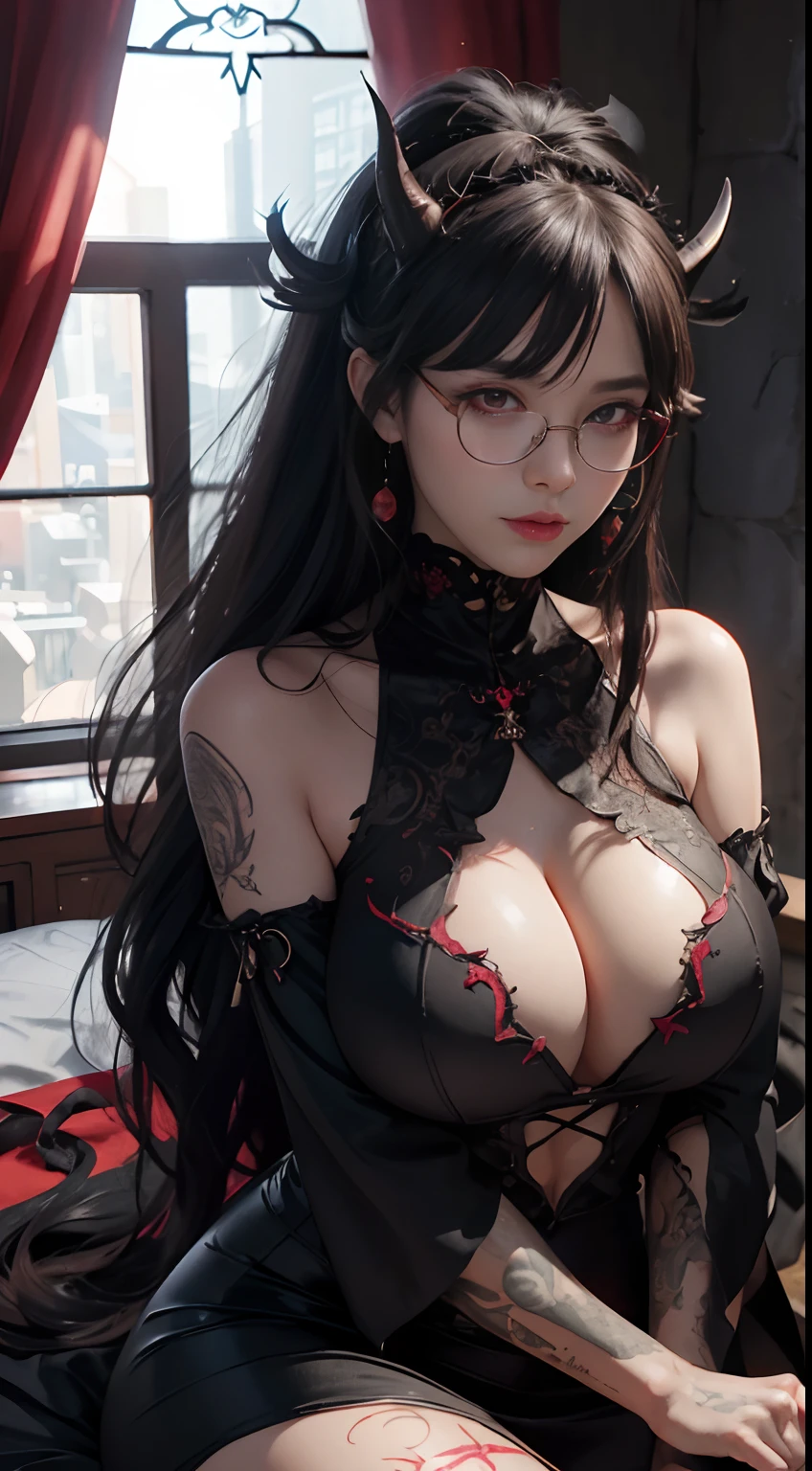 Fine、(The best illustrations)、8k UHD resolution、intricate-detail、top-quality、realisitic、ultra-detailliert、The best lighting、Best Shadows、Soft lighting、Ulutra HD、Ultra-realistic、Tindall Effect、Photorealsitic、(High Detail Skins:1.2)、 (Intricate details, makeup, pureerosface_v1:0.5), (Detailed beautiful delicate face, Detailed beautiful delicate eyes, A perfectly proportioned face, High detailed skin, Detailed skin, best ratio four finger and one thumb, arms below breasts, Tattoo with a red glow under the stomach、Awesome awesome, wide hips, smooth midriff, skiny and thin, __Fashion__, __hair__:1.25)、Digital SLR、 absurderes、1 beautiful devil woman from hell, surreal female portraits by David Hockney and Alphonse Mucha, Portrait of a seductive woman、Fantasy Art, Chinese Doll、Chinese actress、Dungeon、The dragon、Devil's Palace、Devil's Torture Chamber、natta、Dark style 、In the Dark、(Detailed spooky backgrounds:0.8), magia、 女の子1人、Evil Nun、Dark Necromancer、Succubus、Devil's Daughter、Umi Shinonome、Bat Wings，(((Demon Horns)))、 ((((Huge glasses, Otaku Glasses, thick glasses, Round glasses)))),(((Colossal tits)))、(Devil's Tail)、(red eyes glowing:1.6)、red eyes make up very sharp and detailed, The eyes are very well made up, ((Red Eye:1.0)),intricate tattoos, demonic intricate tattoos, thigh tattoos, body tattoos, ​masterpiece、The most beautiful face、a baby face、Charming smile、plump beautiful red lips、Muscular seductive body、The enchanting body of the devil、devil style、Seductive Black Magic Costume、The long-haired、Braids、Black hair、Ponytail distortion、, Ponytail with a bow tied at the back of the hair, Beautiful expression、Body Up、Large breasts emphasis、Bust,  Super tight breasts, Breast augmentation surgery, The breasts are very big and round and round,Toned waist、Wide buttocks、 lowkey, cowboy lens, (Black Phoenix Dress: 1.0),  devil crown,  Red sparkling gemstone necklace、Jewelry Gwise,  wearing black mesh socks,Wear light red、nffsw, nffsw, Meet beautiful girls, Look at the girl's body,