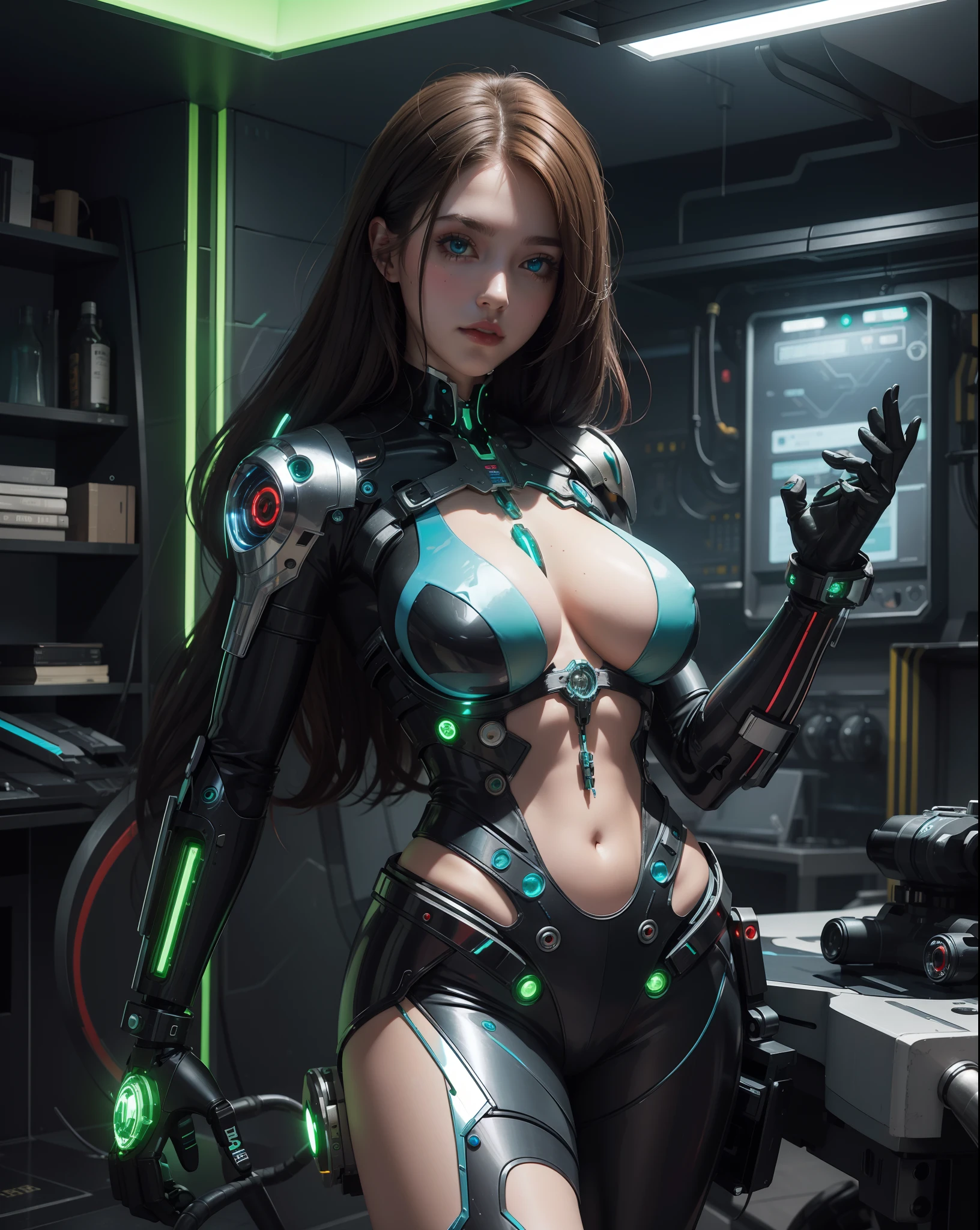 Lush and voluptuous cyborg woman made of glass that reveals its interior, full of motors, relays. Green, blue and red LED indicator lights and circuits.