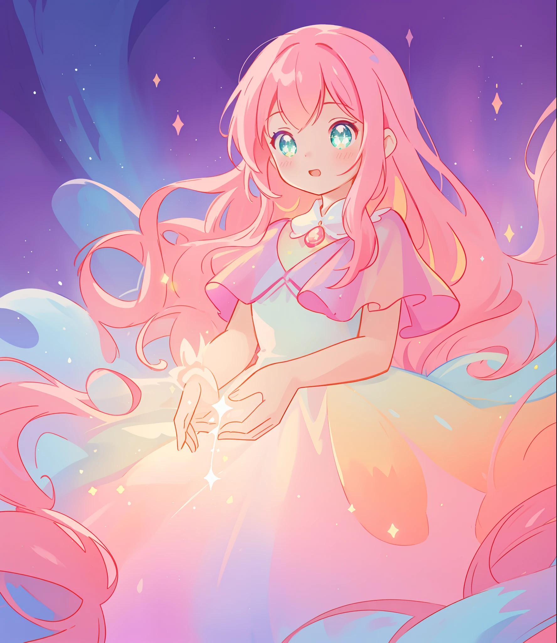 beautiful girl, ((puffy shimmering multi-layered ballgown)), ((sparkling multi-layered ballgown)), vibrant pastel colors, (colorful), long flowing bright pink hair, pink theme, magical lights, sparkling magical liquid, inspired by Glen Keane, inspired by Lois van Baarle, disney art style, by Lois van Baarle, glowing aura around her, by Glen Keane, jen bartel, glowing lights! digital painting, flowing glowing hair, glowing flowing hair, beautiful digital illustration, fantasia background, whimsical, magical, fantasy, ((masterpiece, best quality)), intricate details, highly detailed, sharp focus, 8k resolution, sparkling detailed eyes, liquid watercolor