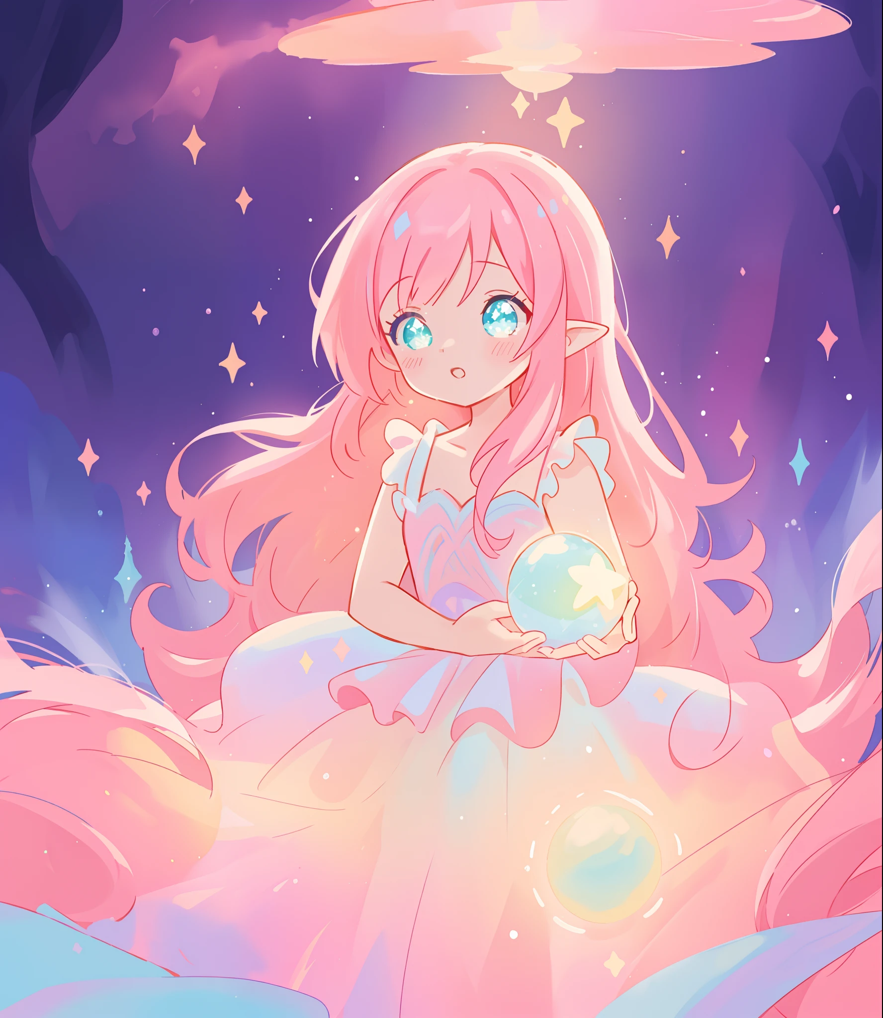 beautiful girl, ((puffy shimmering multi-layered ballgown)), ((sparkling multi-layered ballgown)), vibrant pastel colors, (colorful), long flowing bright pink hair, pink theme, magical lights, sparkling magical liquid, inspired by Glen Keane, inspired by Lois van Baarle, disney art style, by Lois van Baarle, glowing aura around her, by Glen Keane, jen bartel, glowing lights! digital painting, flowing glowing hair, glowing flowing hair, beautiful digital illustration, fantasia background, whimsical, magical, fantasy, ((masterpiece, best quality)), intricate details, highly detailed, sharp focus, 8k resolution, sparkling detailed eyes, liquid watercolor