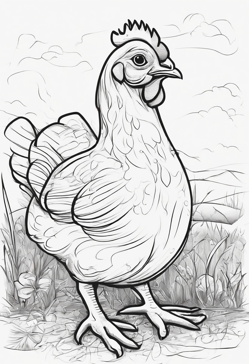 chicken at a farm, cartoon character, line art, 3D style, high quality, no shading