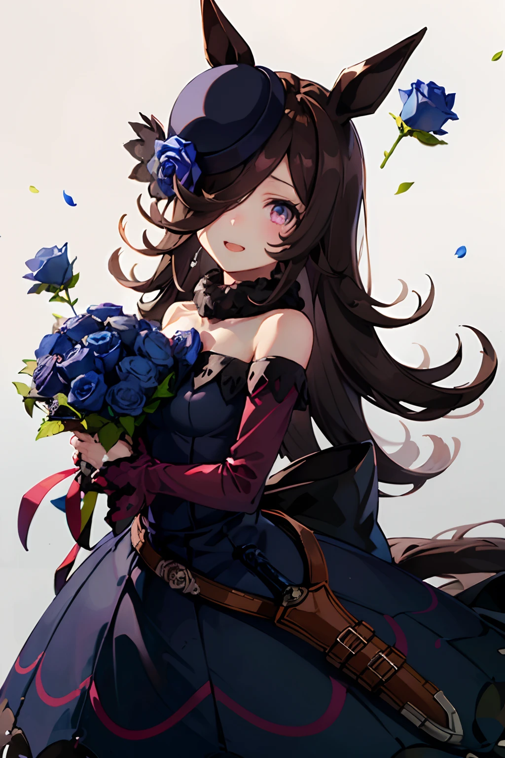 (masutepiece.top-quality).(Dynamic Angle).1 girl in.A dark-haired.long.Horse-eared girl.Beautiful eyes.smil.(holding a bouquet of blue roses:1.3)