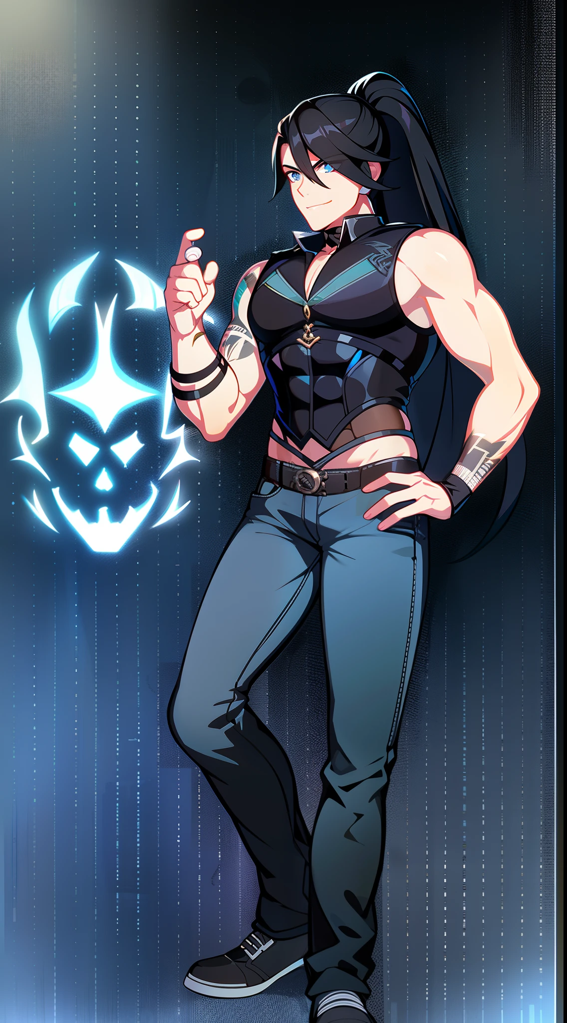 Grown-up guy, Long black hair, high ponytail, blue eyes, Smile, beatiful face, bodyarmor, Sleeveless, Drawing of the skull, Jeans, circuits, arma, brawn, Punisher's Seal, tattoo, Masterpiece, hiquality, 4k, HD, Good detail