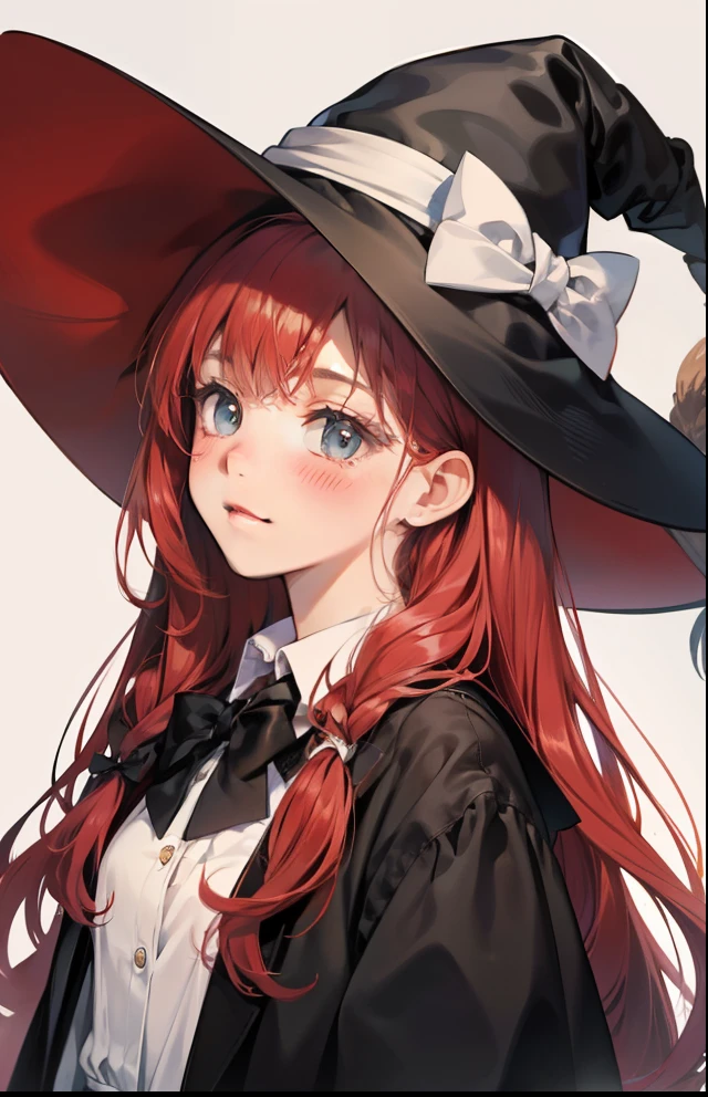 girl with、Background white、without background、Red-haired、The long-haired、with blush cheeks、Embarrassing、the witch、magia、Black pointy hat、frilld、bow ribbon、kawaii、without background