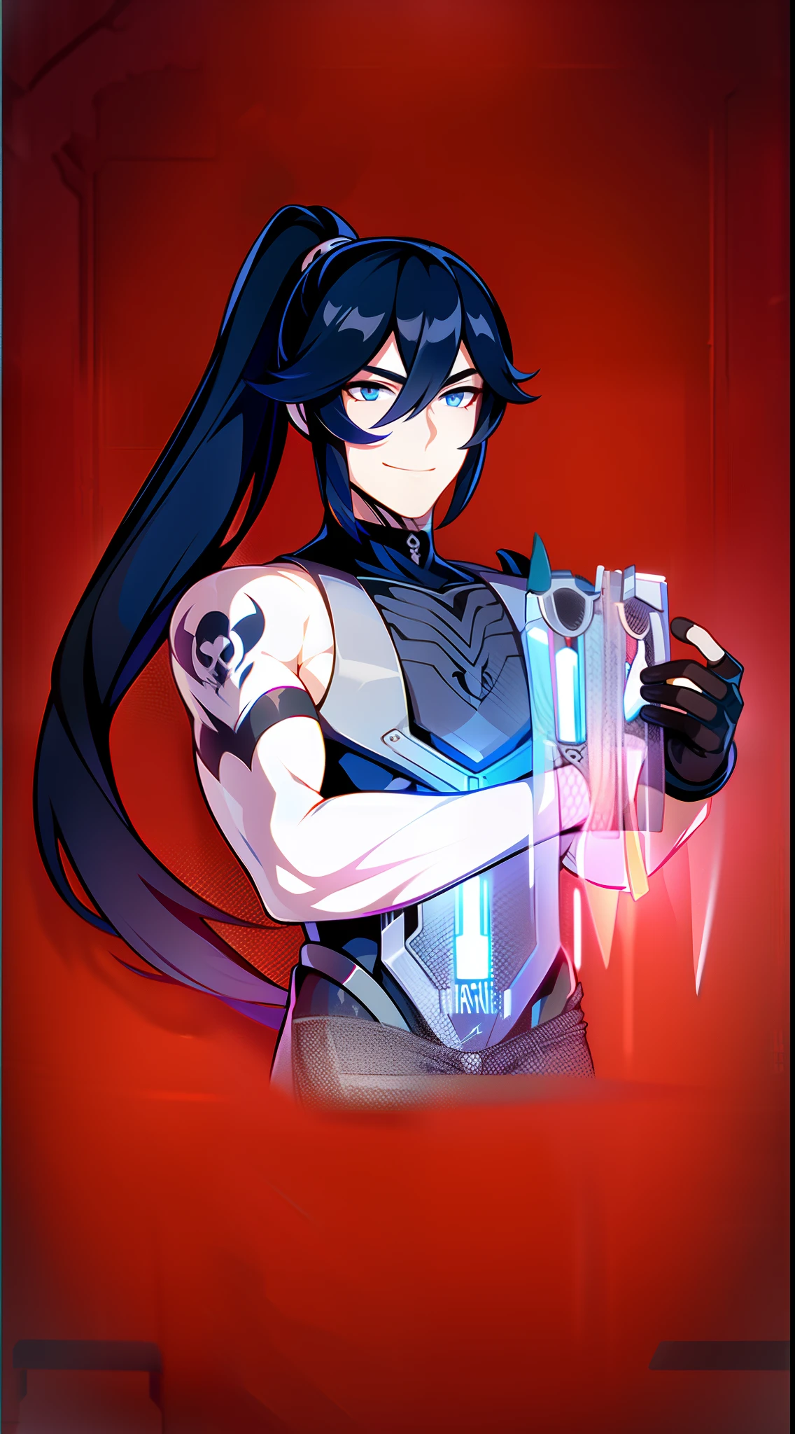 Grown-up guy, Long black hair, high ponytail, blue eyes, Smile, beatiful face, bodyarmor, Sleeveless, Drawing of the skull, Jeans, circuits, arma, brawn, Punisher's Seal, tattoo, Masterpiece, hiquality, 4k, HD, Good detail