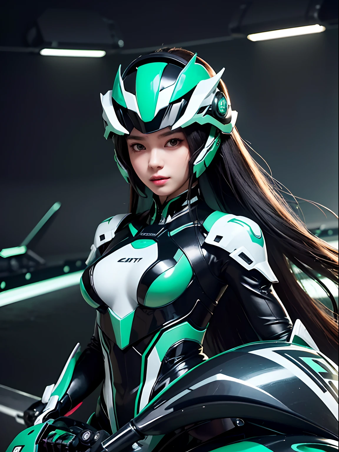 Highest image quality, outstanding details, ultra-high resolution, (realism: 1.4), the best illustration, favor details, highly condensed 1girl, with a delicate and beautiful face, dressed in a black and green mecha, wearing a mecha helmet, holding a directional controller, riding on a motorcycle, the background is a high-tech lighting scene of the future city.