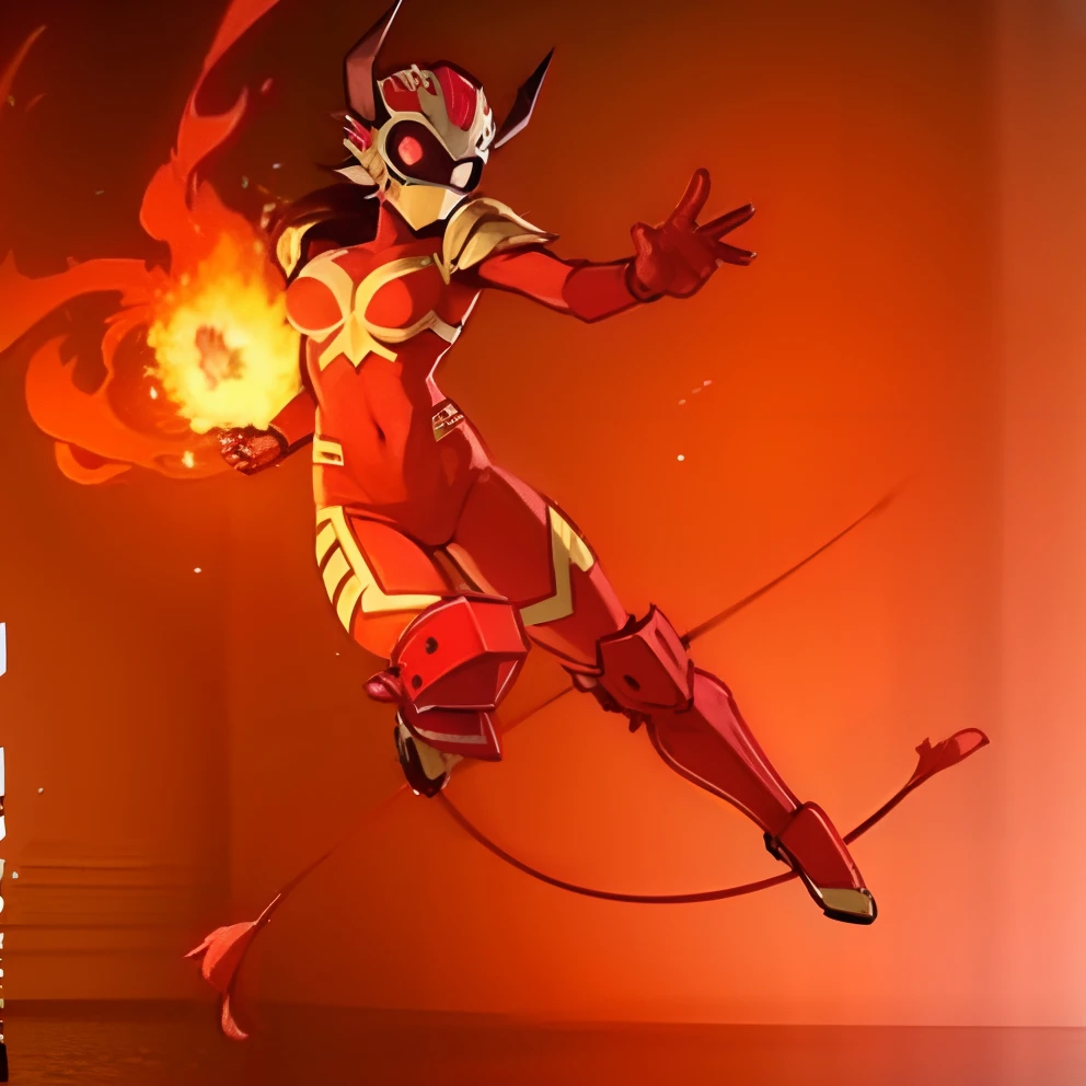 My Hero Academia style, female, medium breast, wide hips, wide thighs, Full body suit, hero suit, red color suit, red armor, red knee pads, red elbow pads, red elbow gloves, red thigh boots, red shoulder pads, covered head, helmet, covered face, mask, imp helmet with white eyes and horns, red mask, red helmet, red tail, Imp tail, pointed tail, perfect hands, Perfect anatomy, Super Detailed, fire in the background, fire background, red background, burning background,