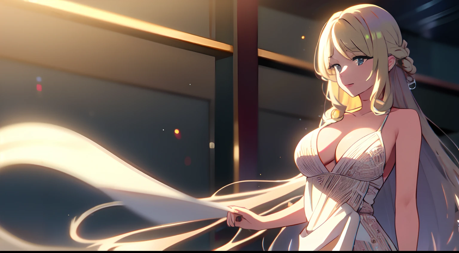 1 girl, solo, pretty, Light blonde hair, wearing evening gown, curly hair, long hair, seductive, attractive