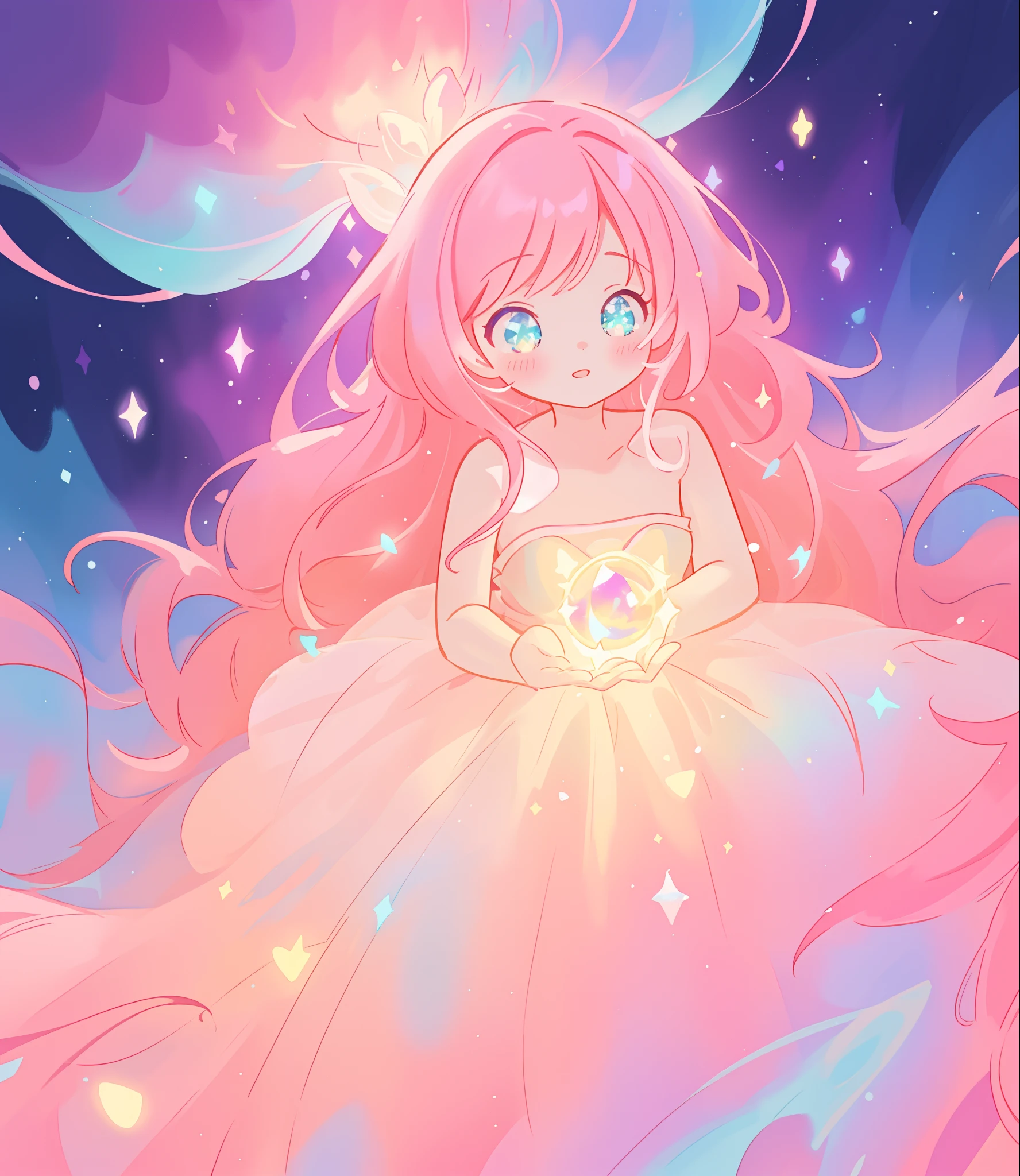 beautiful girl, ((puffy shimmering multi-layered ballgown)), ((sparkling multi-layered ballgown)), vibrant pastel colors, (colorful), long flowing bright pink hair, pink theme, magical lights, sparkling magical liquid, inspired by Glen Keane, inspired by Lois van Baarle, disney art style, by Lois van Baarle, glowing aura around her, by Glen Keane, jen bartel, glowing lights! digital painting, flowing glowing hair, glowing flowing hair, beautiful digital illustration, fantasia background, whimsical, magical, fantasy, ((masterpiece, best quality)), intricate details, highly detailed, sharp focus, 8k resolution, sparkling detailed eyes, liquid watercolor