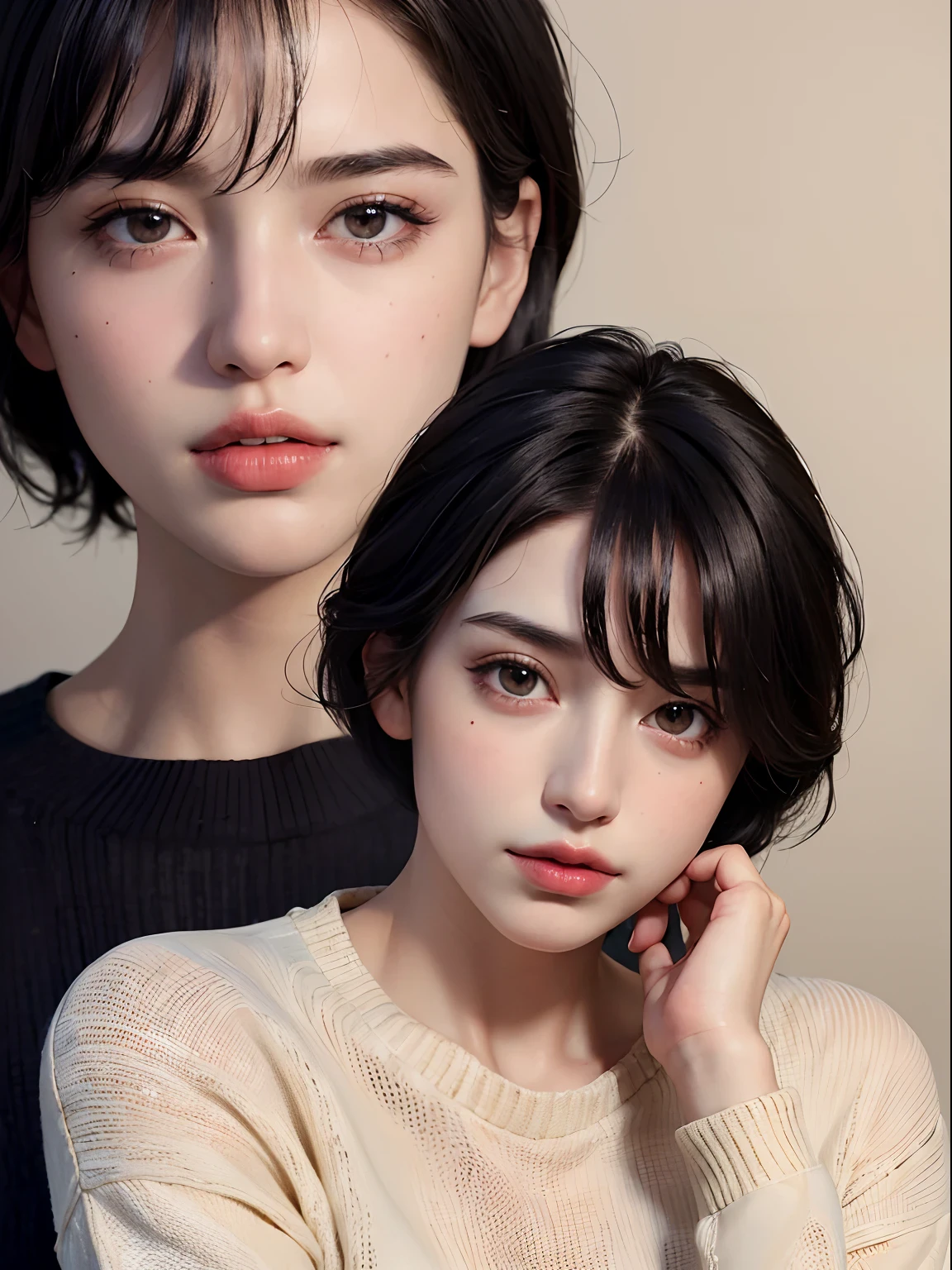 (masterpiece:1.3), (8k, photorealistic, RAW photo, best quality: 1.4), (1girl), beautiful face, (realistic face), (black hair, short hair:1.3), beautiful hairstyle, realistic eyes, beautiful detailed eyes, (realistic skin), beautiful skin, (sweater), absurdres, attractive, ultra high res, ultra realistic, highly detailed, golden ratio