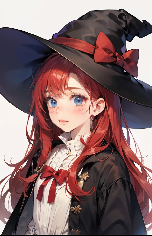 girl with、Background white、without background、Red-haired、The long-haired、with blush cheeks、Embarrassing、the witch、magia、Black pointy hat、frilld、bow ribbon、kawaii、without background