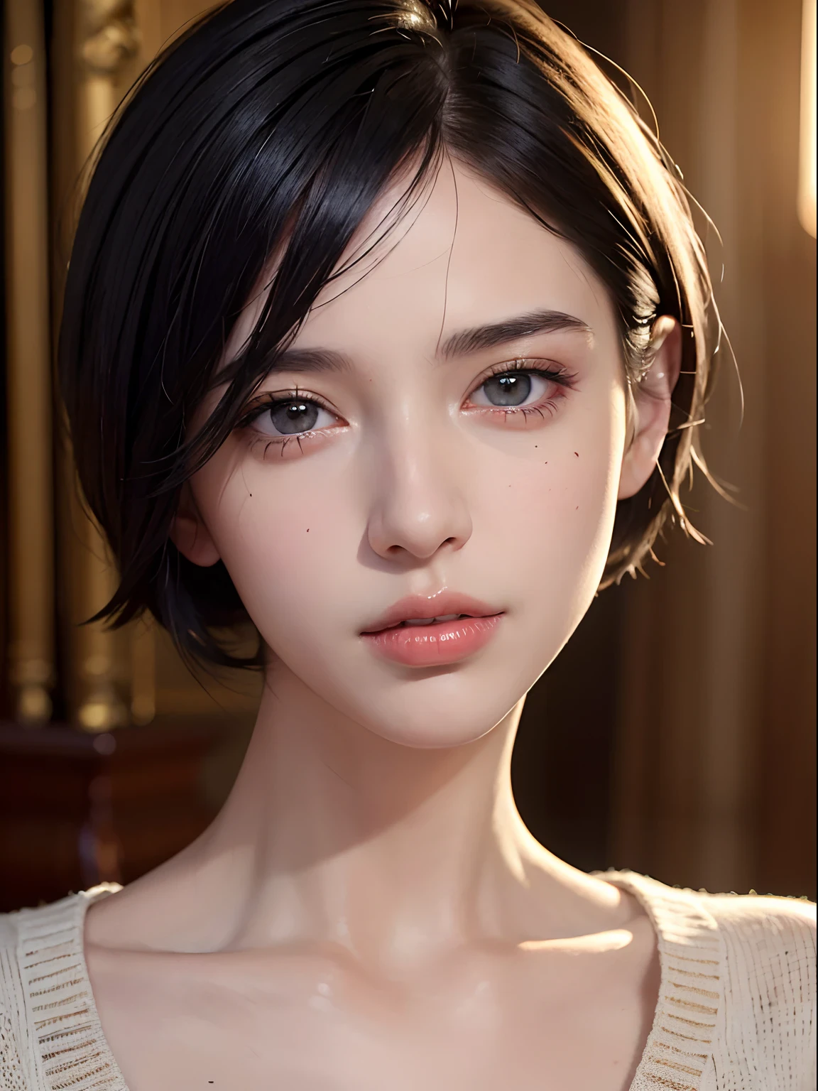 Short hair and white summer knit, summer knit, short hair, short hair with bangs, cute face girl, Cute and delicate face in portrait, French bob, White skin!!, 棕色short hair和大眼睛, Soft portrait photos 8k, Beautiful bright big eyes, beautiful young girl, Young girl with bob hairstyle, Best image quality, masterpiece, Notes of Leonardo da Vinci, Against the backdrop of Leonardo da Vinci'manuscript