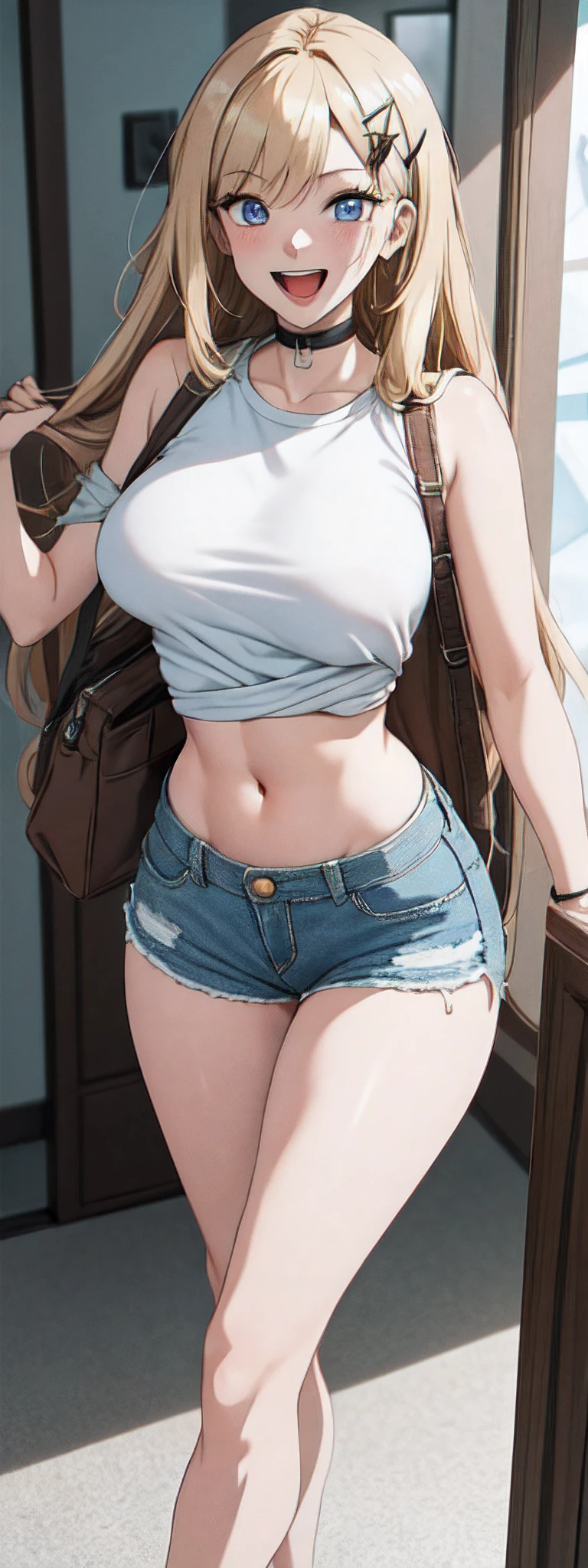 best quality,ultra-detailed,high resolution,extremely detailed cg,anime picture,unity 8k wallpaper,
blond hair,blue eyes,long hair,ripped shorts,white shirt,purse,navel,looking at viewer,hair ornament,smile,pov doorway,open mouth,denim,x hair ornament,cyberpunk,