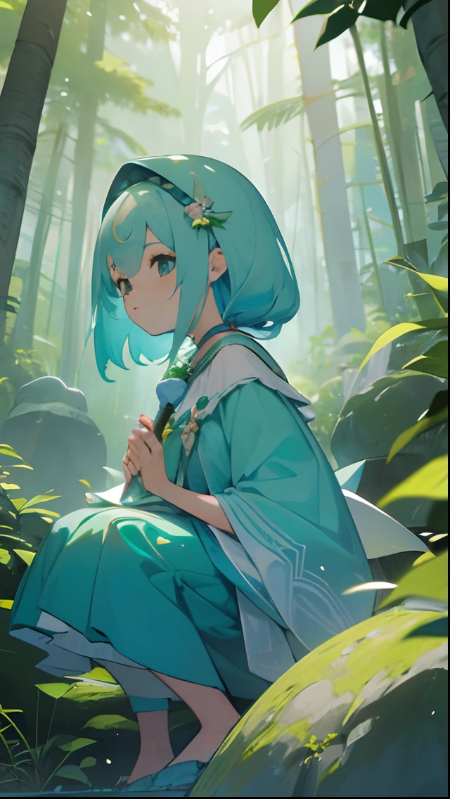 ( scenecy, uma bosque ), uma menina de cabelos curtos cacheados ( super detalhados ) vestido curto verde claro, olhos azuis gentis brilhantes, sentada em uma pedra, tocando uma ocarina azul ( hiper detalhada ).