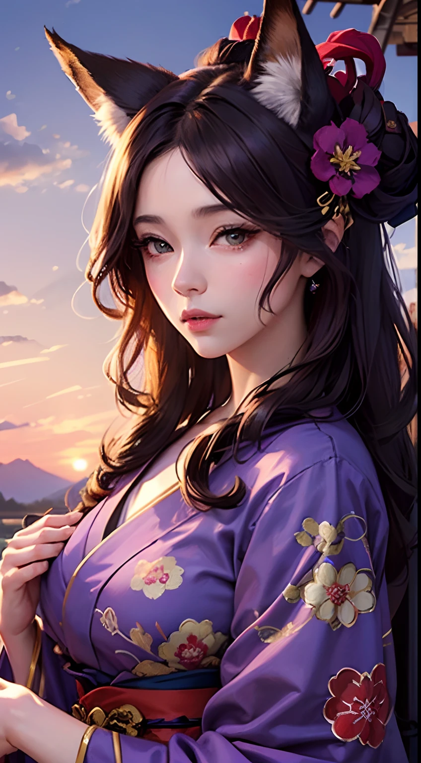 a very beautiful woman、Wavy brown hair、(Fox ears)、beautiful expression、Kimono、Morning glory pattern、Purple Theme、A detailed face、Detailed big eyes、detailed lips、Masterpiece、Photo Quality、realistic、Cinematic lighting、Katsushika Hokusai in the background