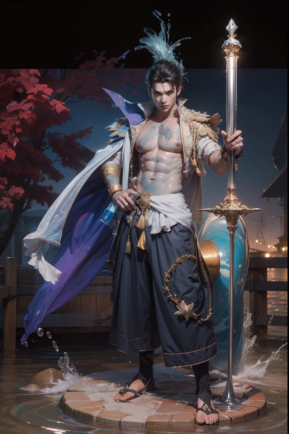 (max resolution: 1.2), (Ultra HDTV: 1.2), 8K resolution, Eye and skin details, detailed facial features, , (Sharp focus: 1.2), (Focus focus) facial expressions: 1.2), 1 Guy, Standing, Black hair (some light blue, blurred) , exposed chest, 8 pack, (shirtless) shirtless, exposed white thighs, (((white briefs))), ((( Water, Seawater))),