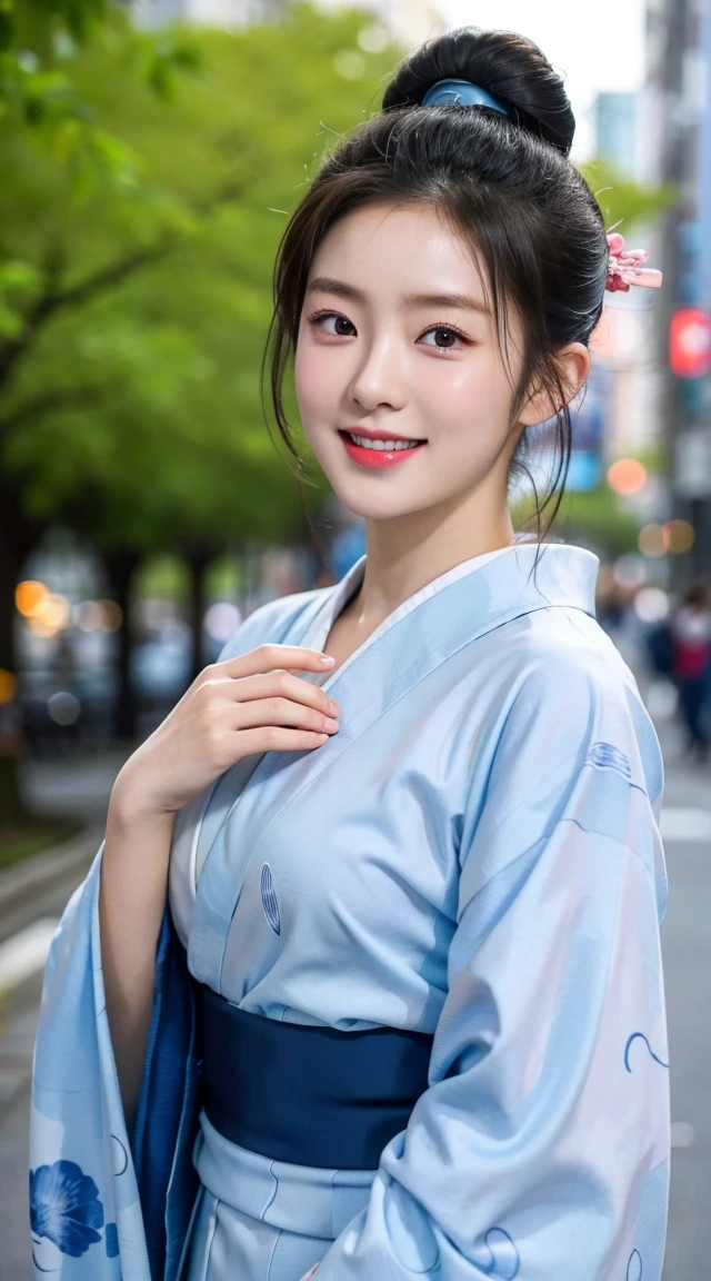 Beautiful young girl, bun hair looking to the viewer, (cute-smiling), raw photo, 8k, high detailed, ((high school girl), ((in the city:1.3)), ((japanese blue kimono)), ((kimono with japanses pattern)), pale lips, white skin, (high detailed skin), textured skin, ((detailed-fingers)), detailed fingers, beautiful eyes, beautiful face, ((dynamic poses)), perfect body, perfect face